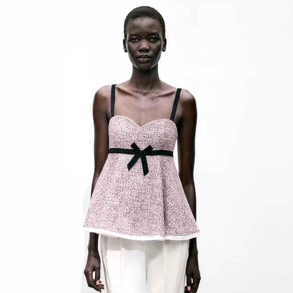 Zara Combination Structure Top Pink Black Tweed with Bow Ref 3644/172/620 NWT - Picture 2 of 13